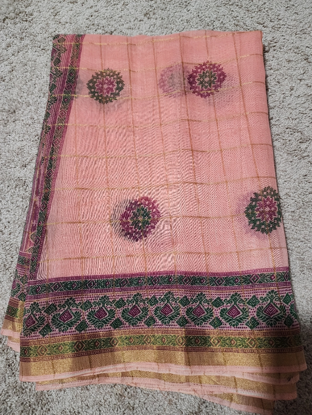 Nude Pink Golden Zari Check Design Floral Printed Saree